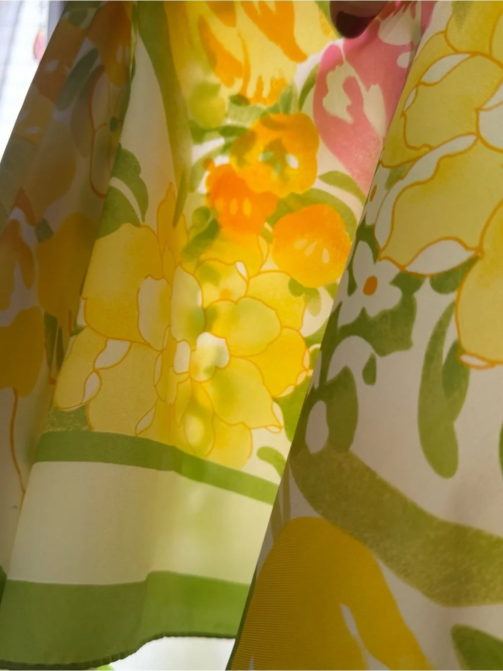 Vintage Floral Silk Scarf in Yellow, Green & Pink